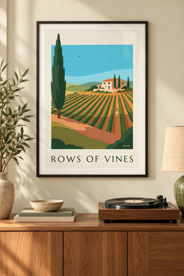 Affiche paysage de vignoble, rangs de vigne et cyprès : encadrée au mur