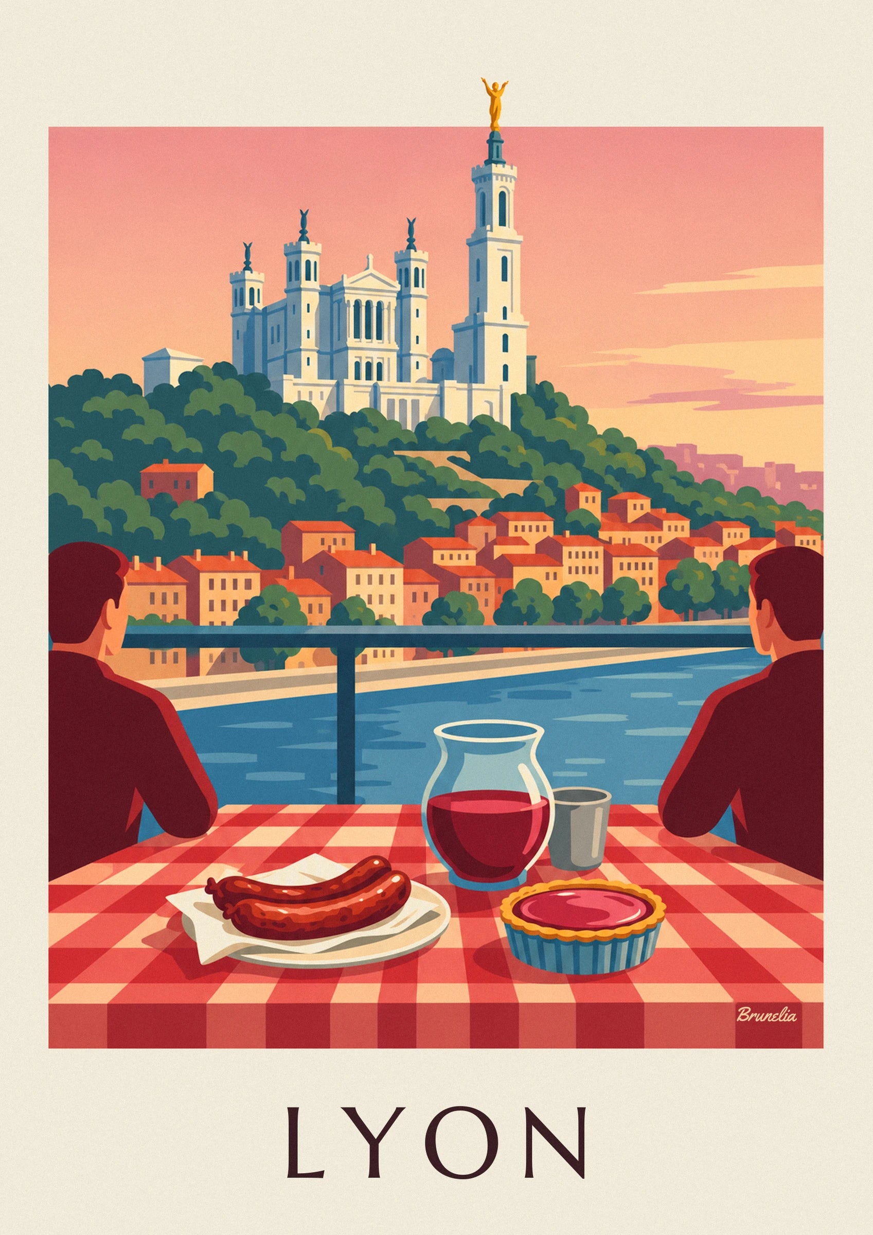 Affiche bouchon lyonnais face à la Saône et à Fourvière : détail en gros plan