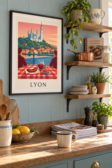 Affiche bouchon lyonnais face à la Saône et à Fourvière : encadrée au mur