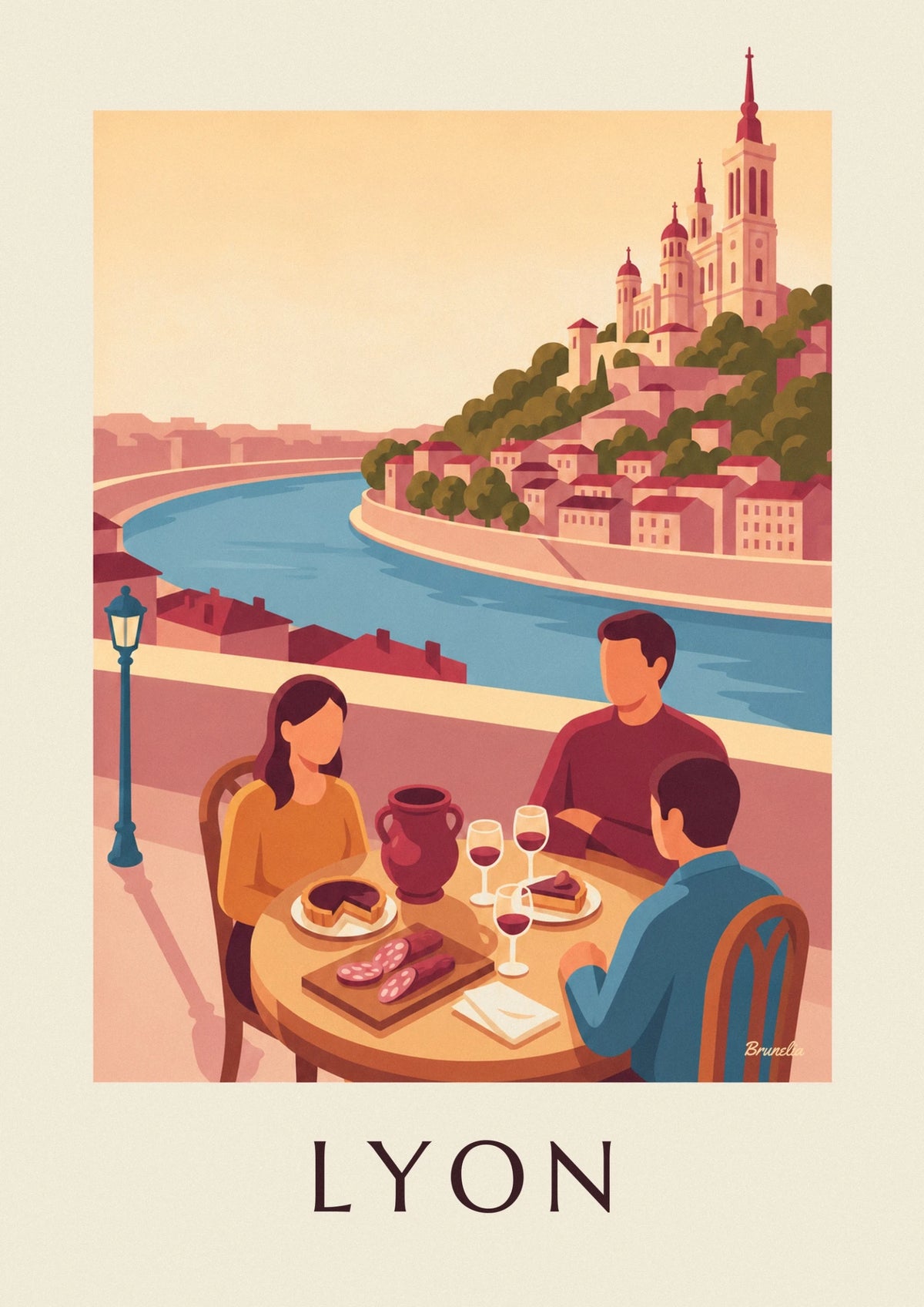 Lyon bouchon restaurant facing the Saône and Fourvière poster
