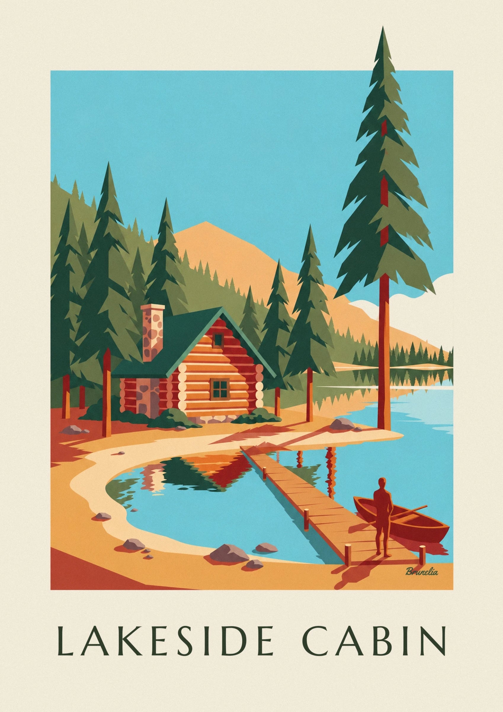 The log cabin with a green roof and stone chimney among the fir trees