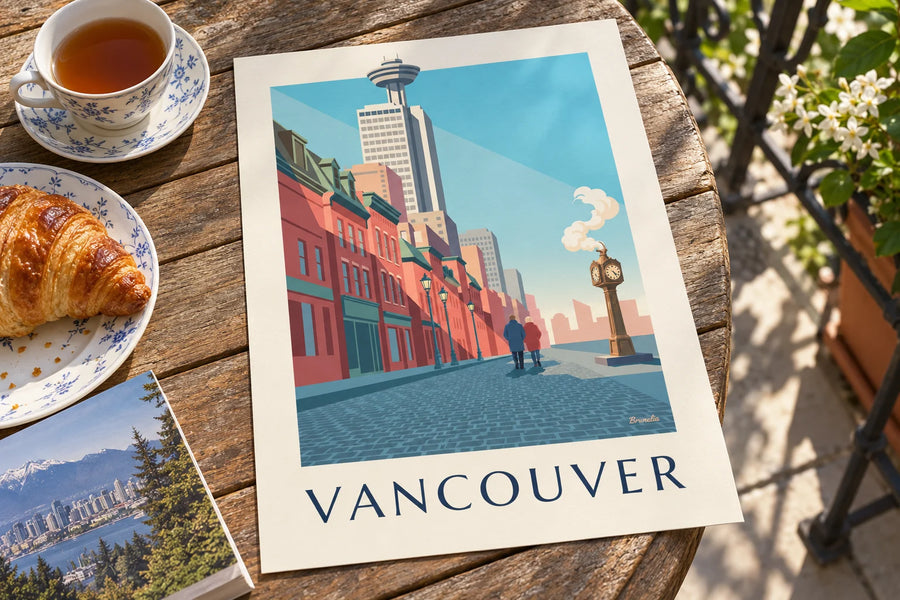 Plakát parních hodin v Gastownu ve Vancouveru: plakát položený na stole