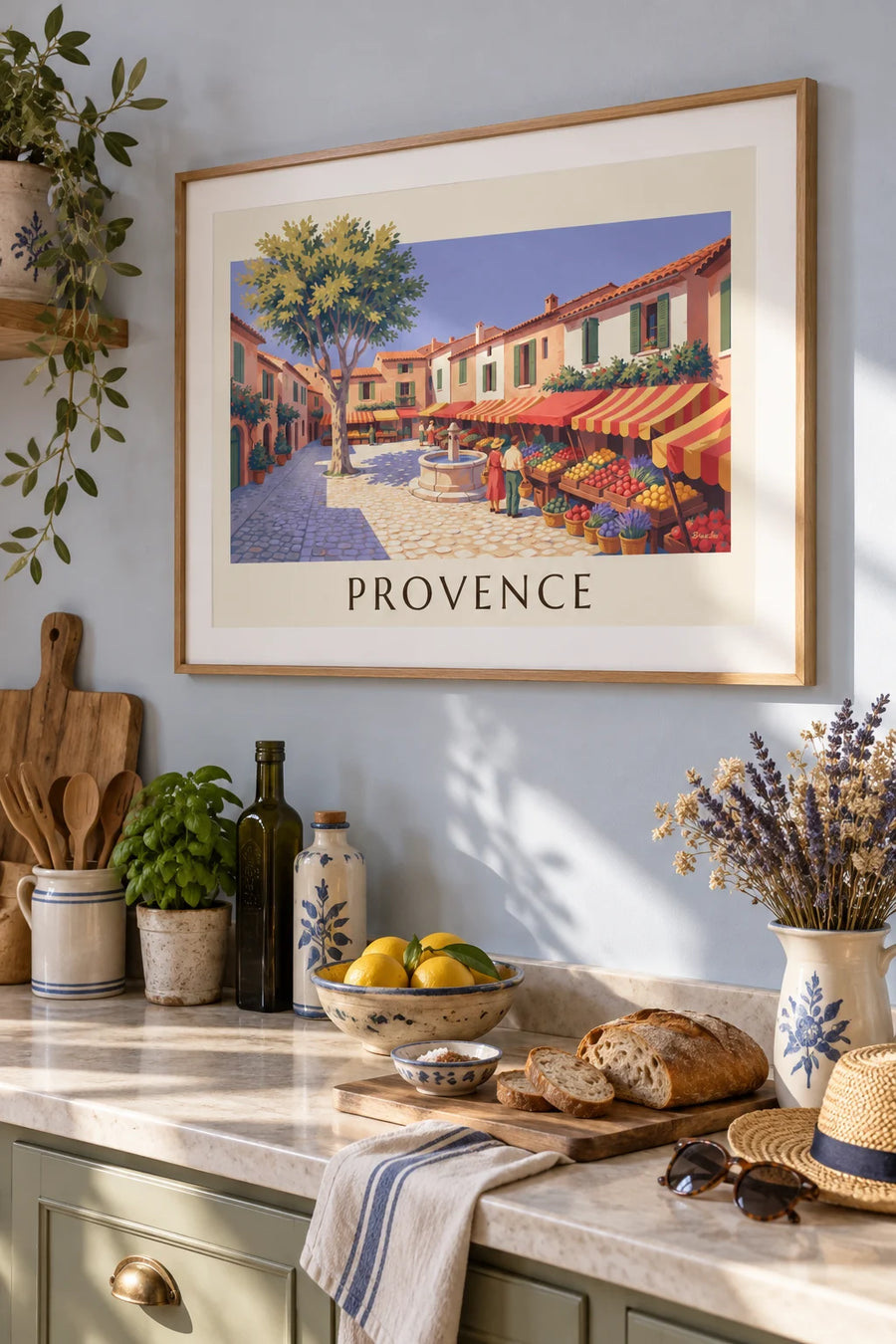 Poster of a Provençal market with fruit and vegetable stalls: framed on the wall