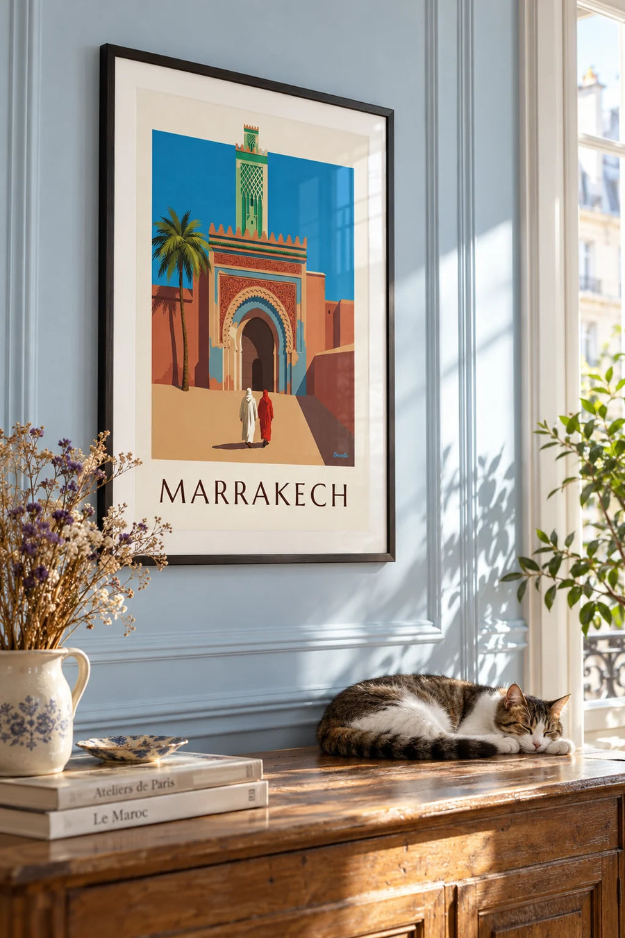 Plakát brána Bab Agnaou a minaret v Marrákeši: zarámovaný na zdi