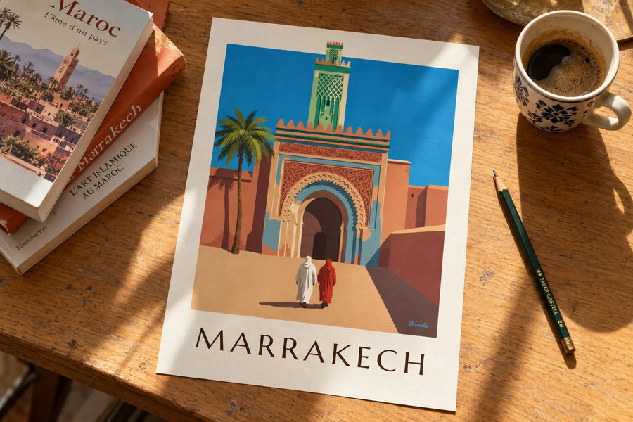 Plakát brána Bab Agnaou a minaret v Marrákeši: položený na stole