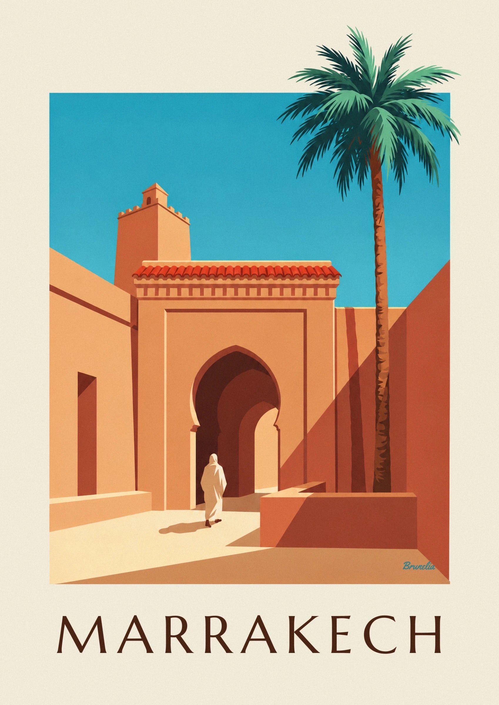 The pointed arch in ochre and brown shades beneath a frieze and red roof tiles