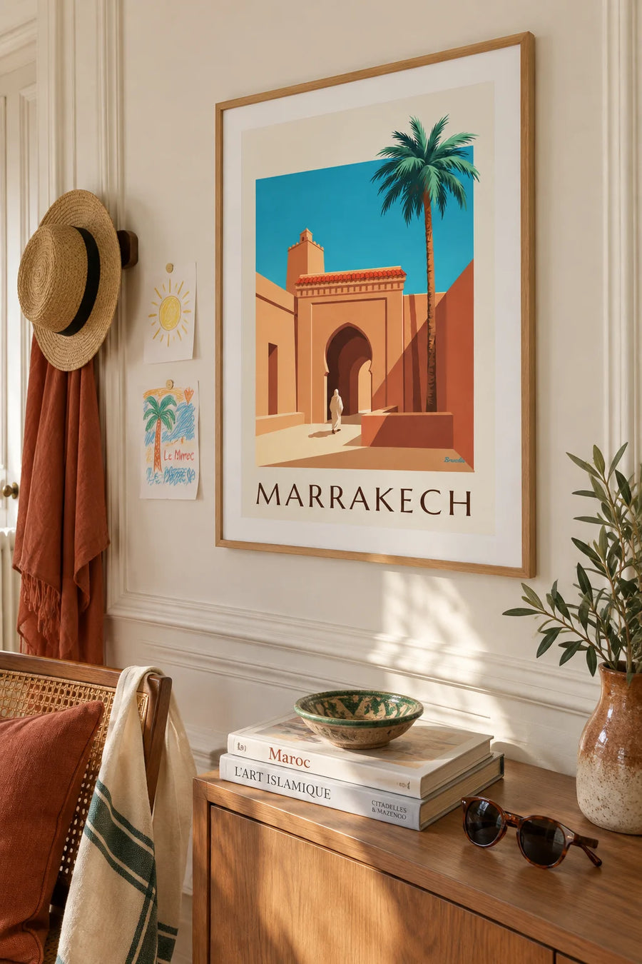 Poster of the Bab Agnaou gate and minaret in Marrakech: framed on the wall
