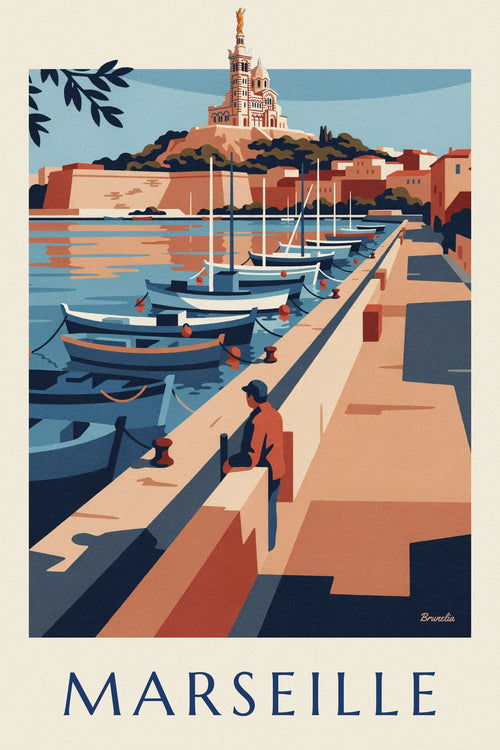 Poster of Notre-Dame de la Garde and rowboats on the Old Port quay in Marseille: the full poster