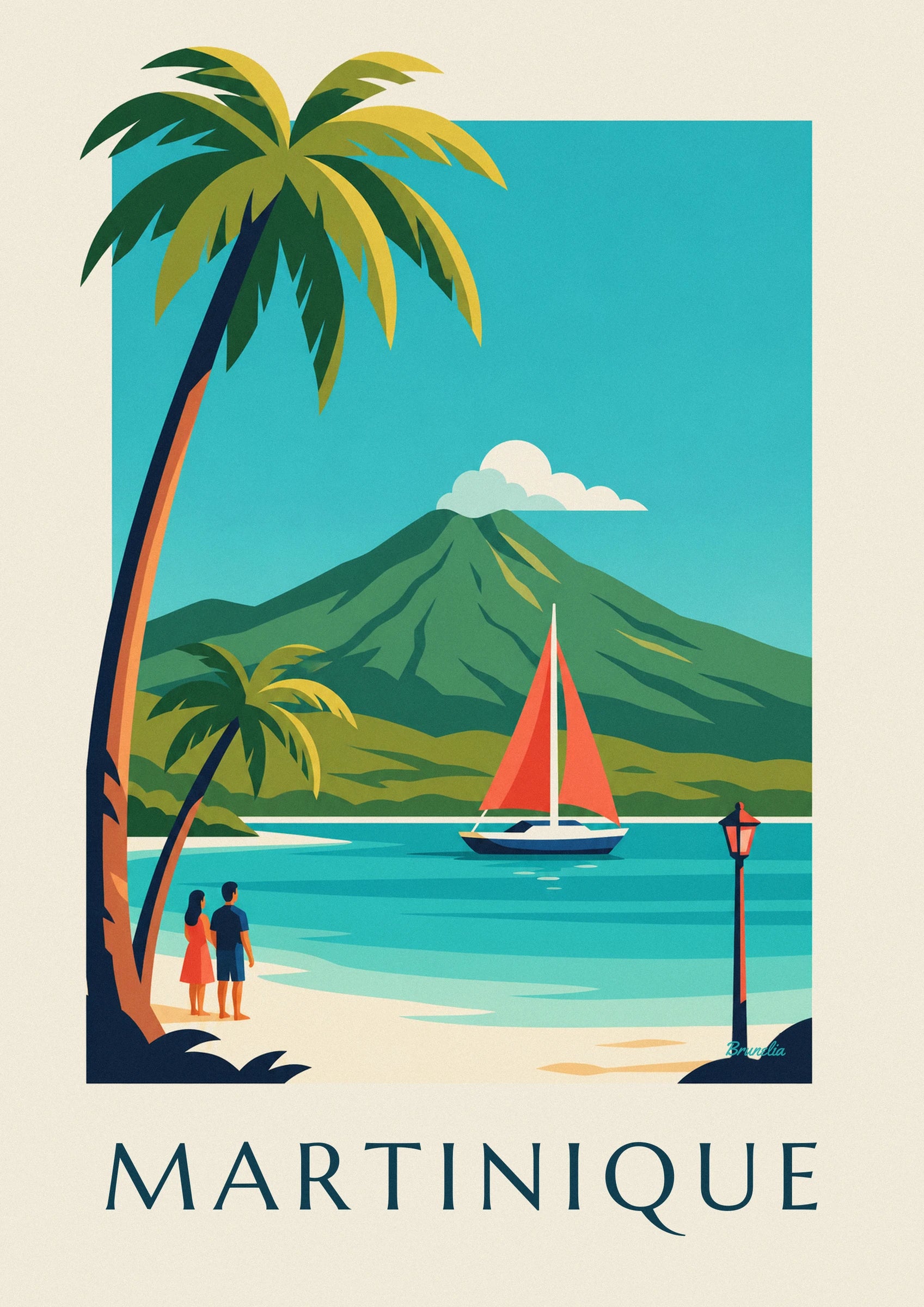 Affiche voilier dans une anse de Martinique et montagne Pelée: detailní záběr