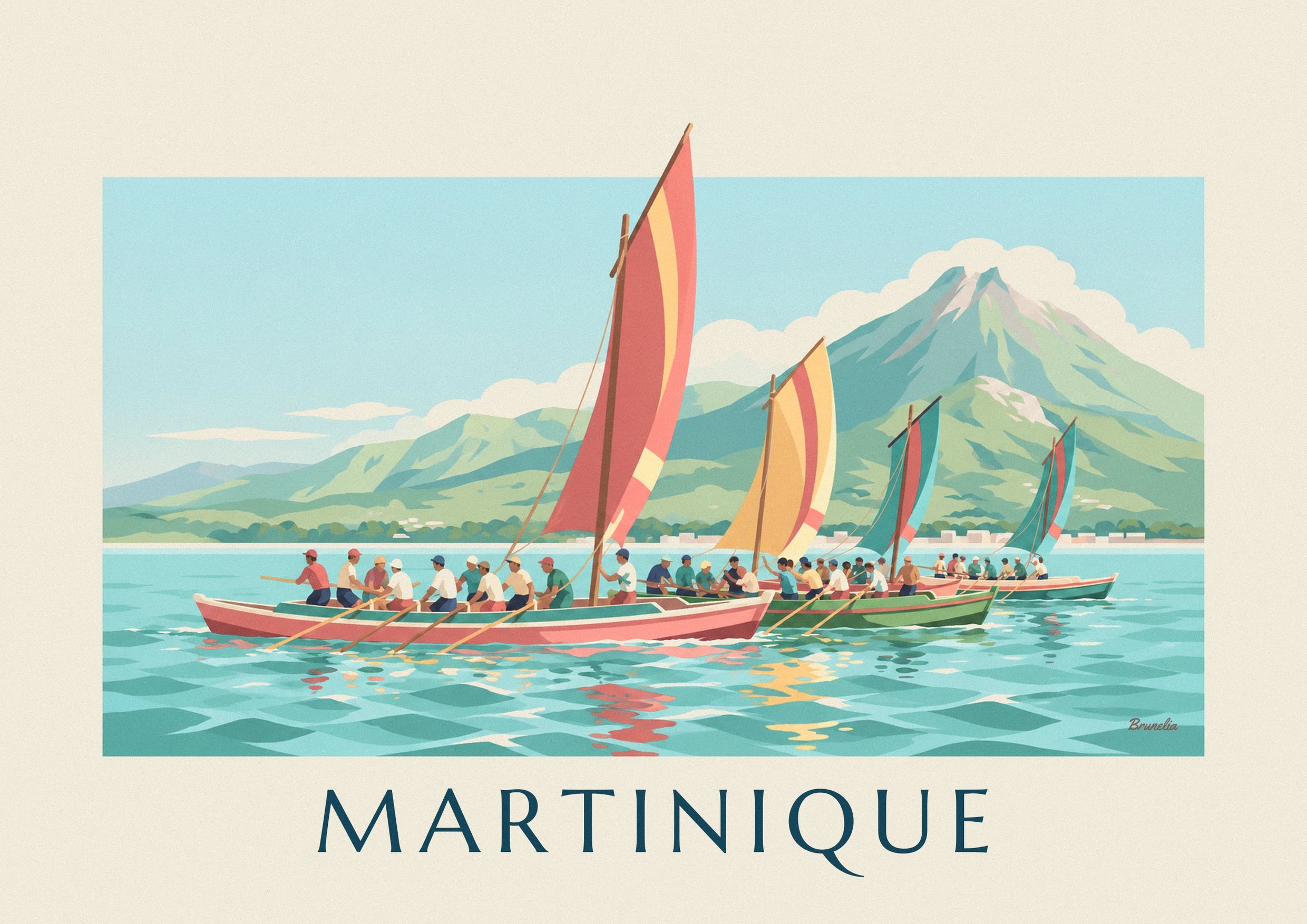 Affiche yoles rondes en course au large de la Martinique: detailní záběr