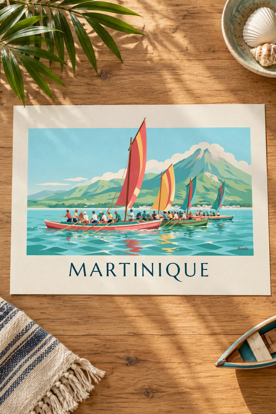 Affiche yoles rondes en course au large de la Martinique : posée sur une table