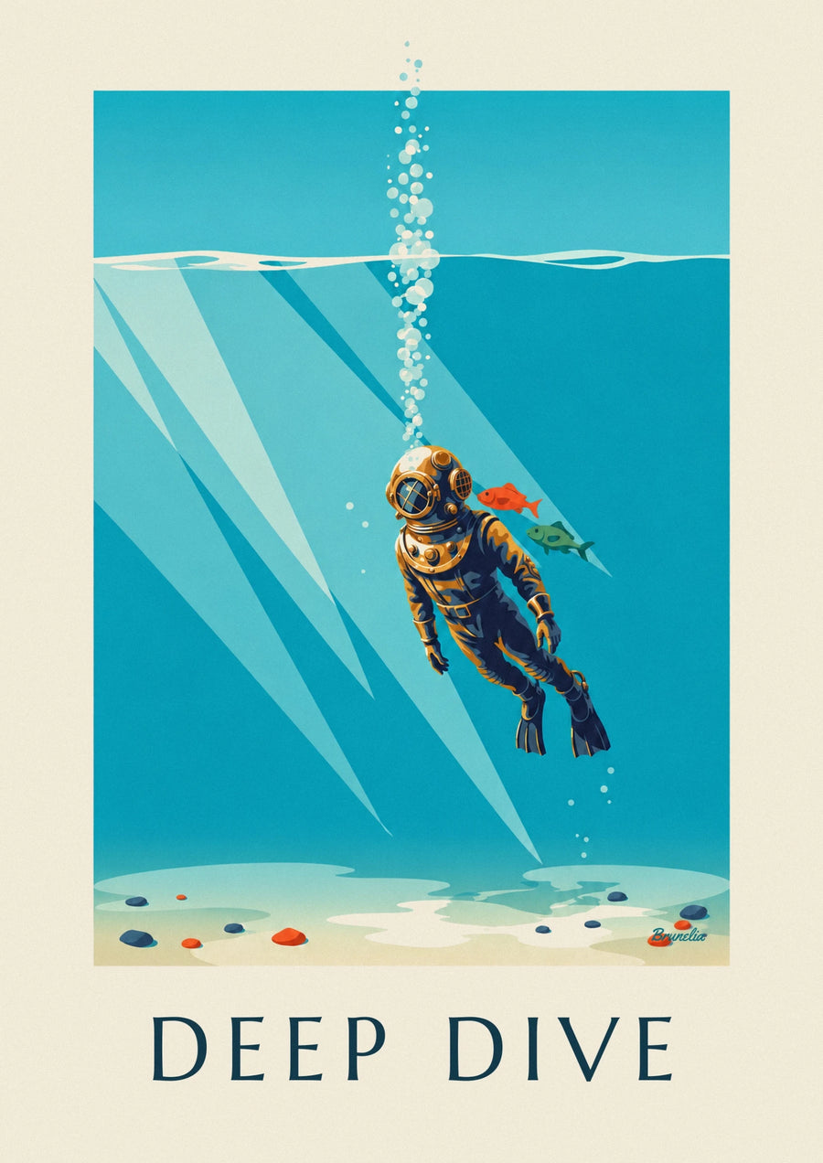 Affiche scaphandrier au casque de cuivre plongeant dans la mer