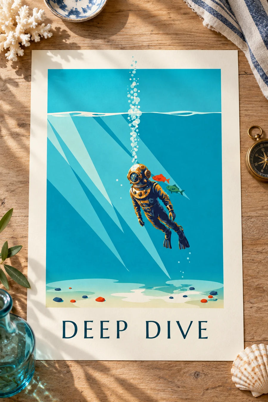 Affiche plongeur au casque chromé futuriste sous la mer : posée sur une table