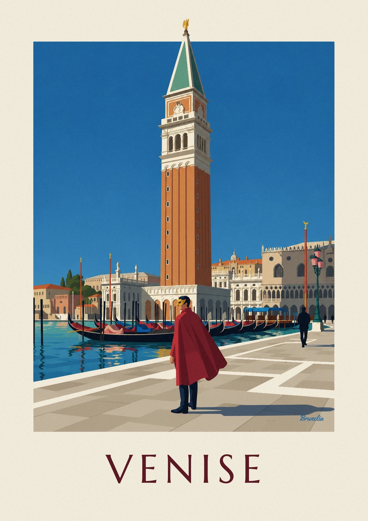 Masked man in red cape and St Mark’s Campanile poster