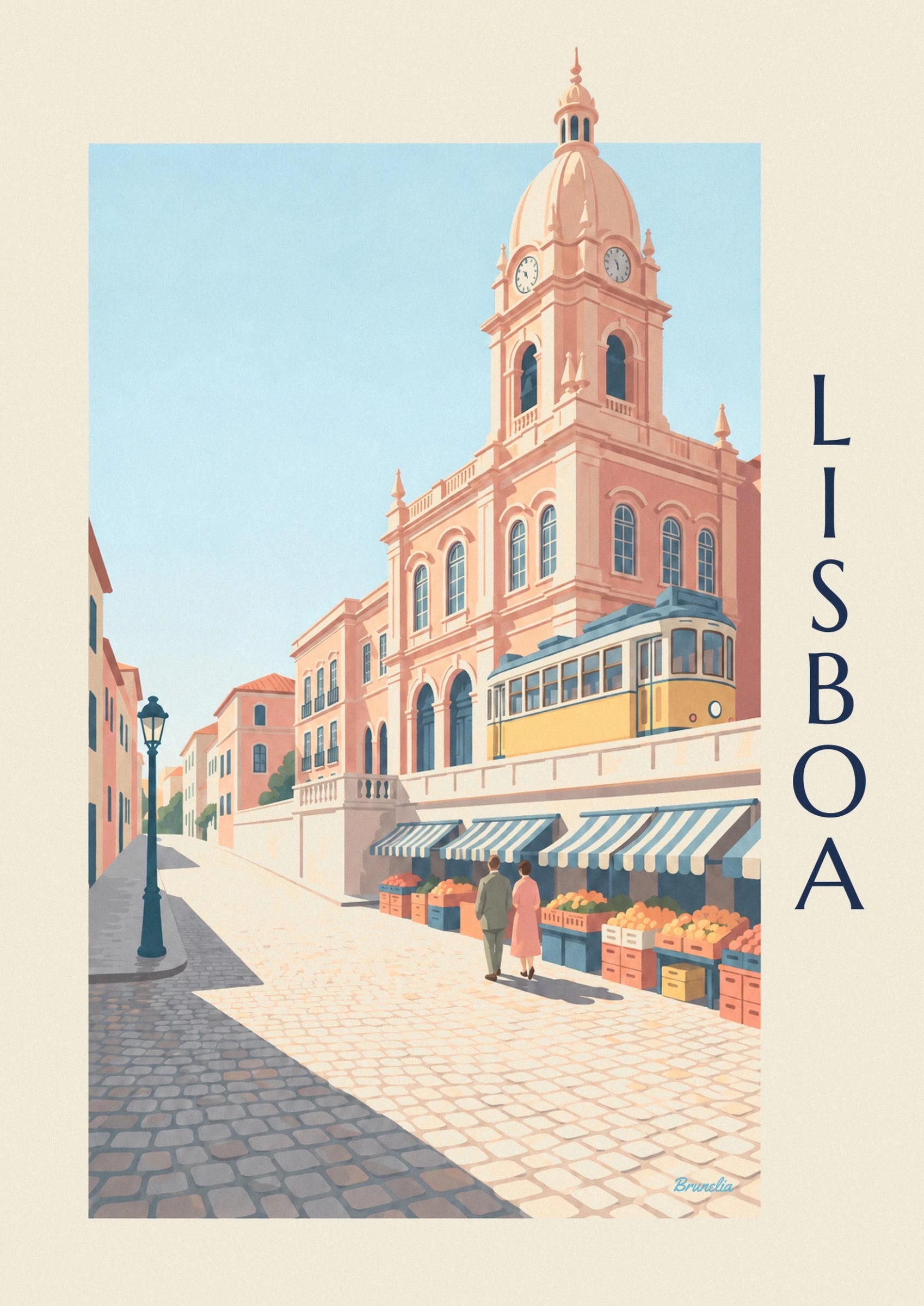 The pink tower of the marché de la Ribeira, its 2 clocks and dome