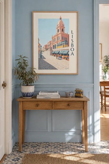 Poster of the Ribeira market in Lisbon and a yellow tram: framed on the wall