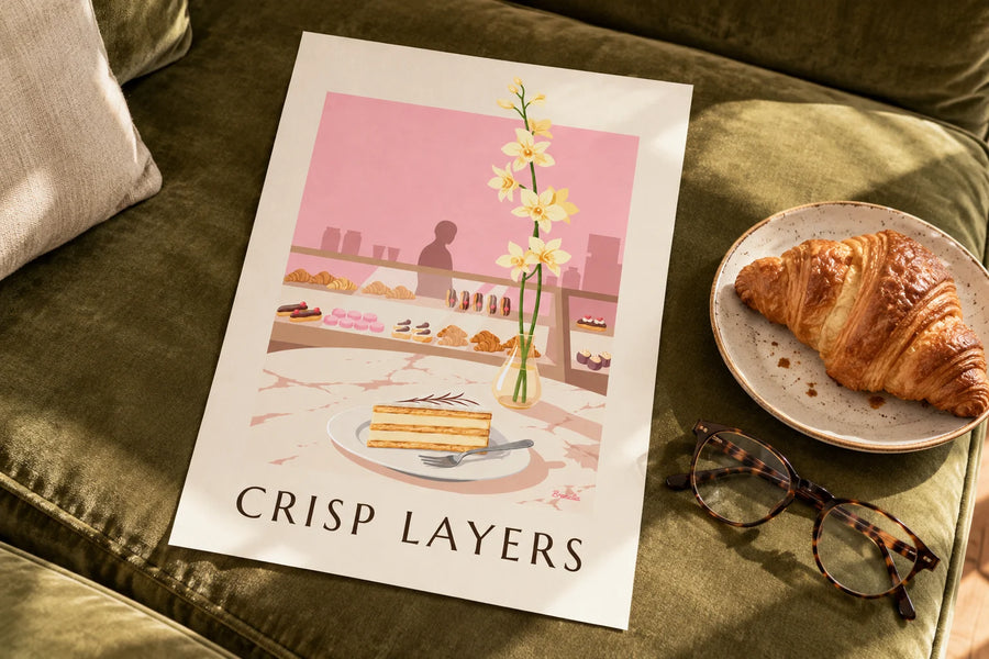 Plakát řez vanilkového millefeuille v cukrárně: položený na stole