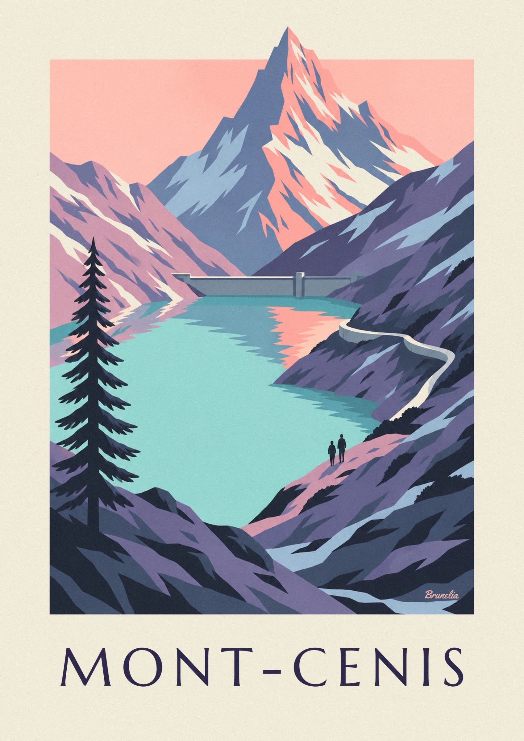 Pink and blue peak above the grey dam beside the lake