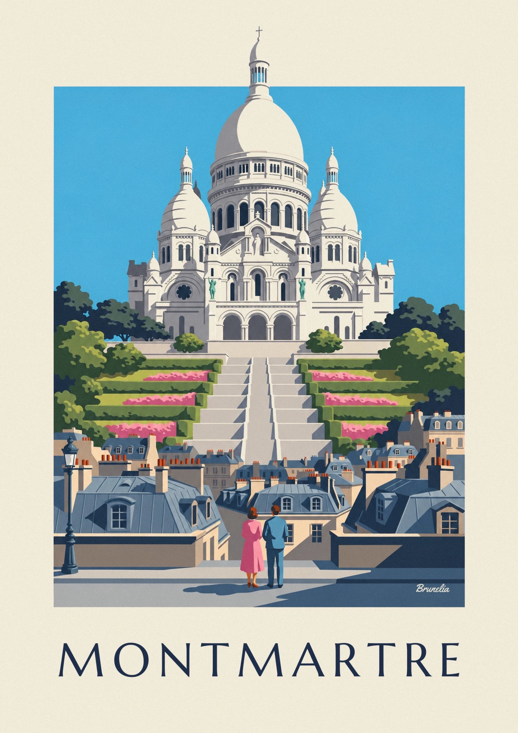 Les coupoles ivoire du Sacré-Cœur et ses statues vertes sur fond de ciel bleu