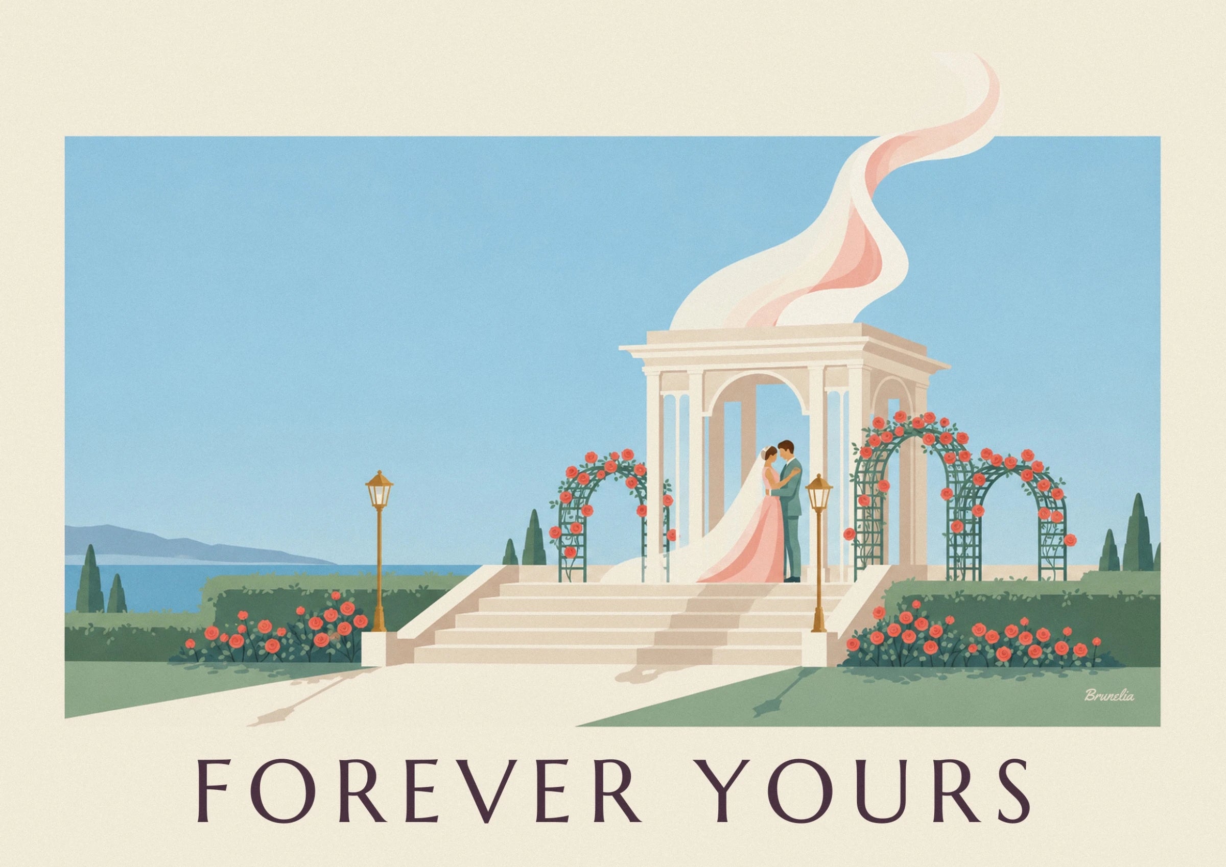 Bride and groom embracing at the foot of the columned pavilion, the bride in a pink dress and long veil