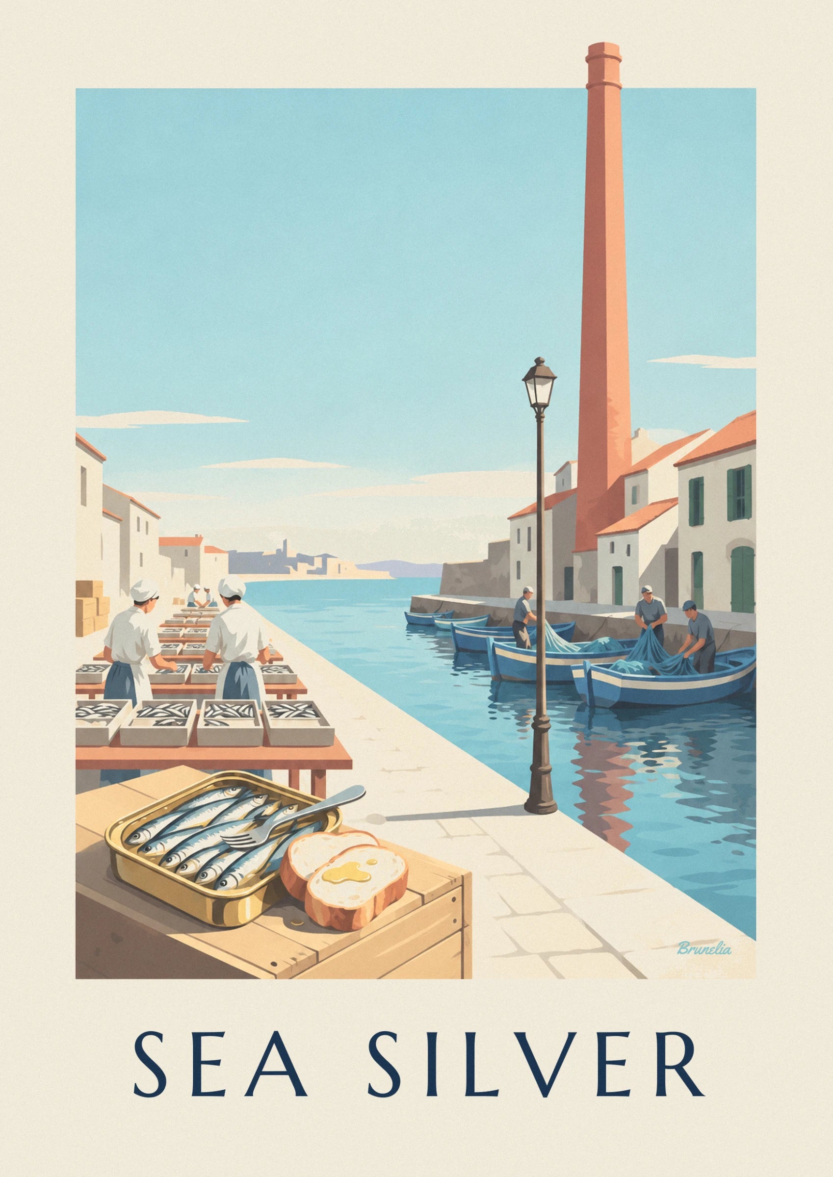 The cannery's pink brick chimney, a lamppost and the harbour's tiled roofs beneath a clear sky