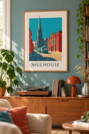 Affiche tramway et hôtel de ville de Mulhouse, place de la Réunion : encadrée au mur