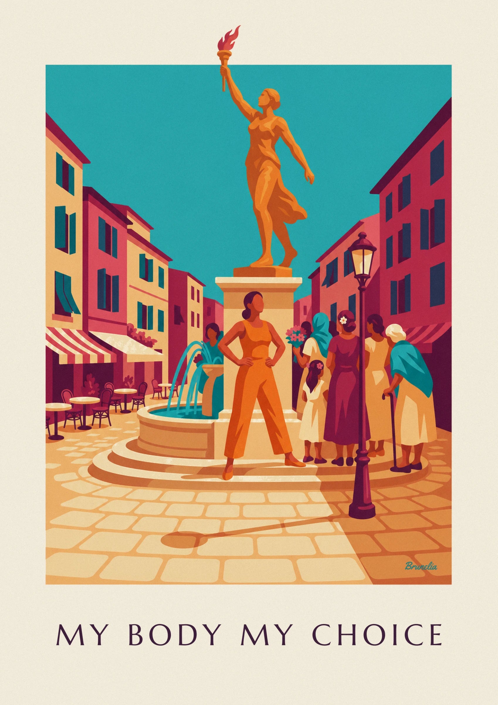 La femme en combinaison orange, poings sur les hanches, devant la foule et la fontaine
