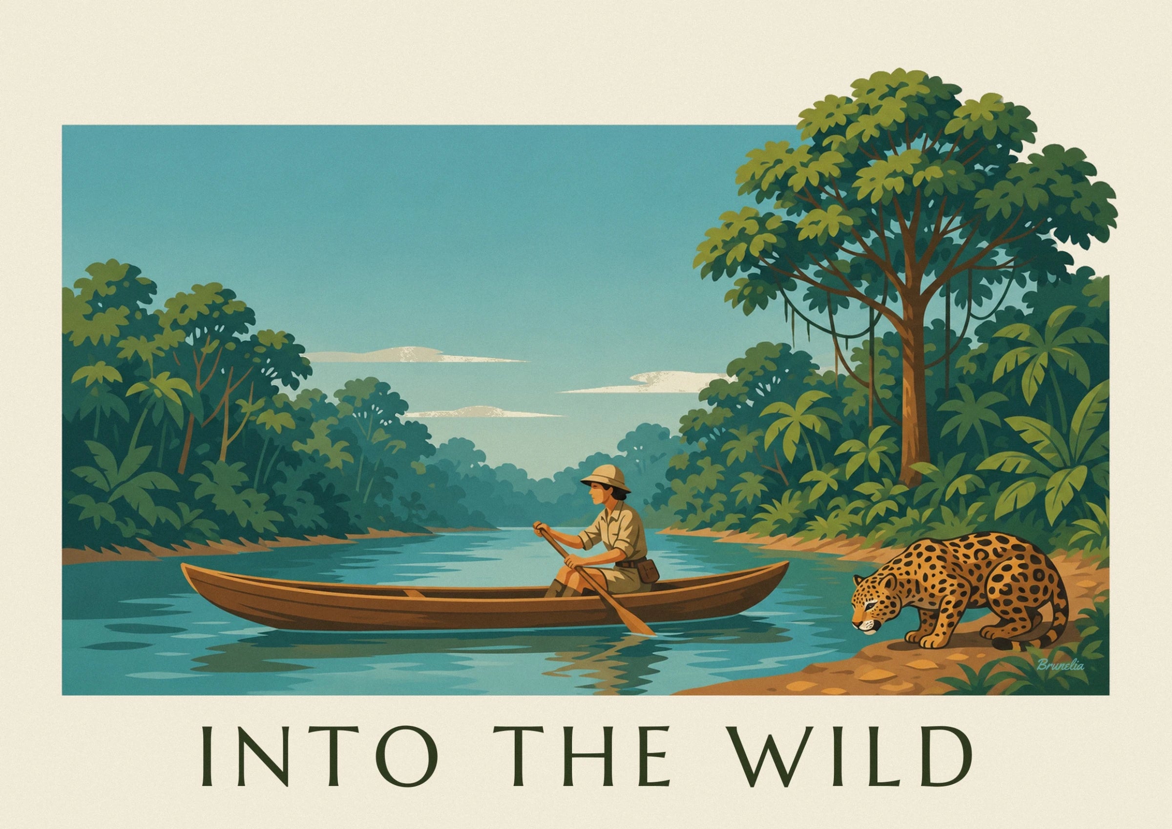 The explorer in a beige hat paddling her dugout canoe on the Amazon river
