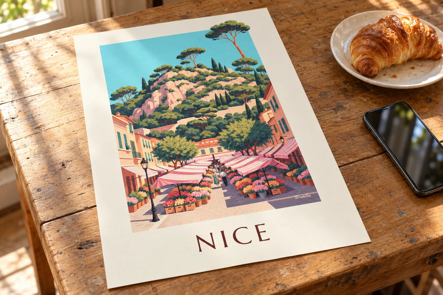 Plakát květinového trhu na Cours Saleya v Nice: na stole
