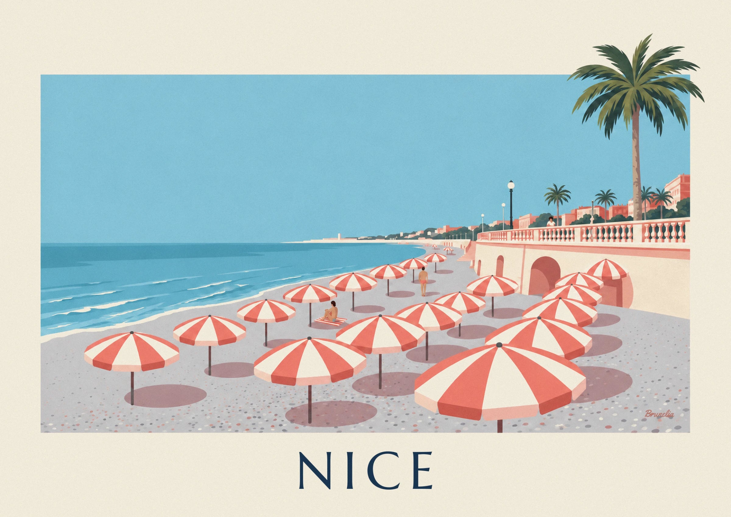 Red and white striped parasols on the pebble beach below the balustraded promenade