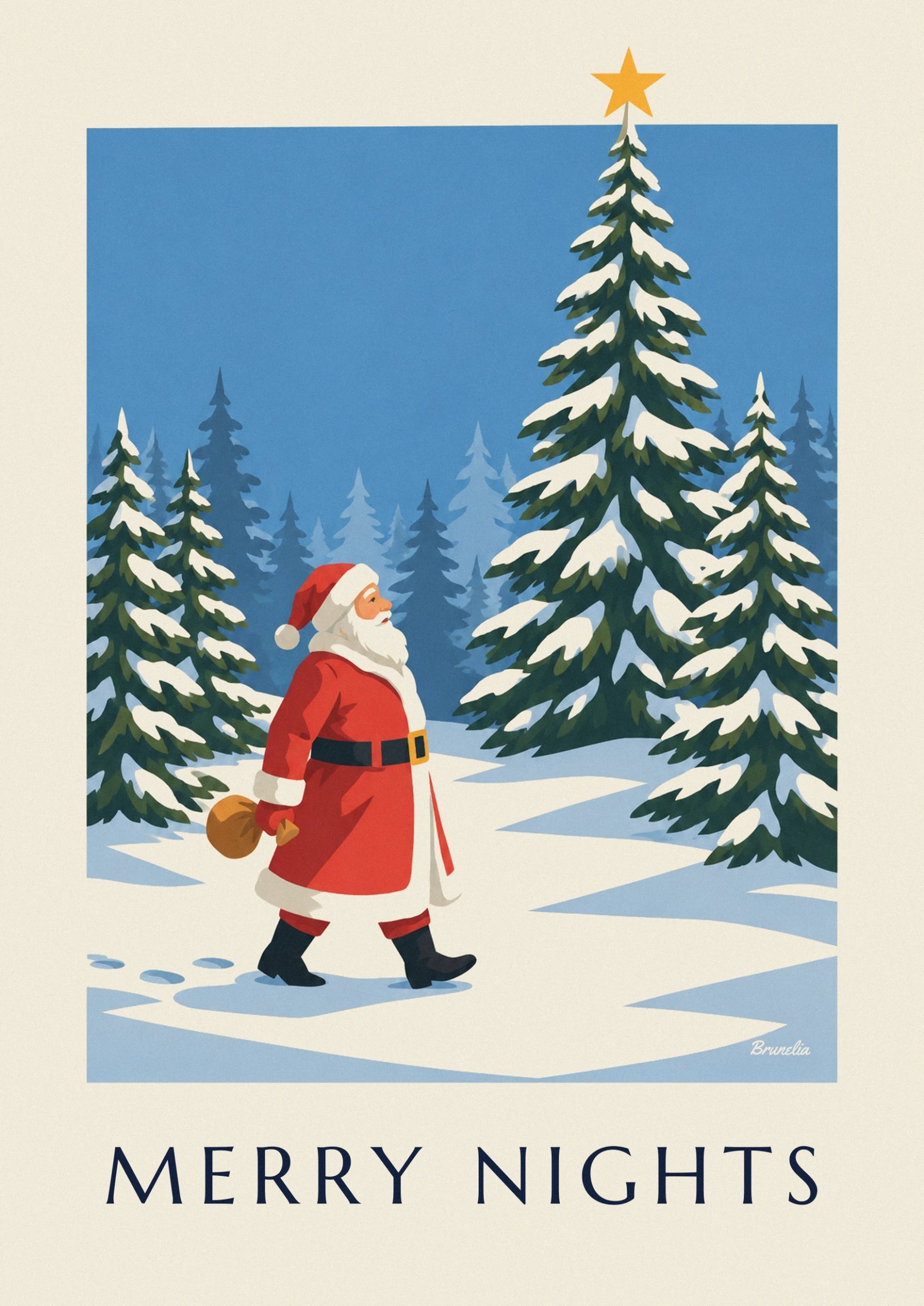 Father Christmas in a red coat, carrying his sack of presents through the snow