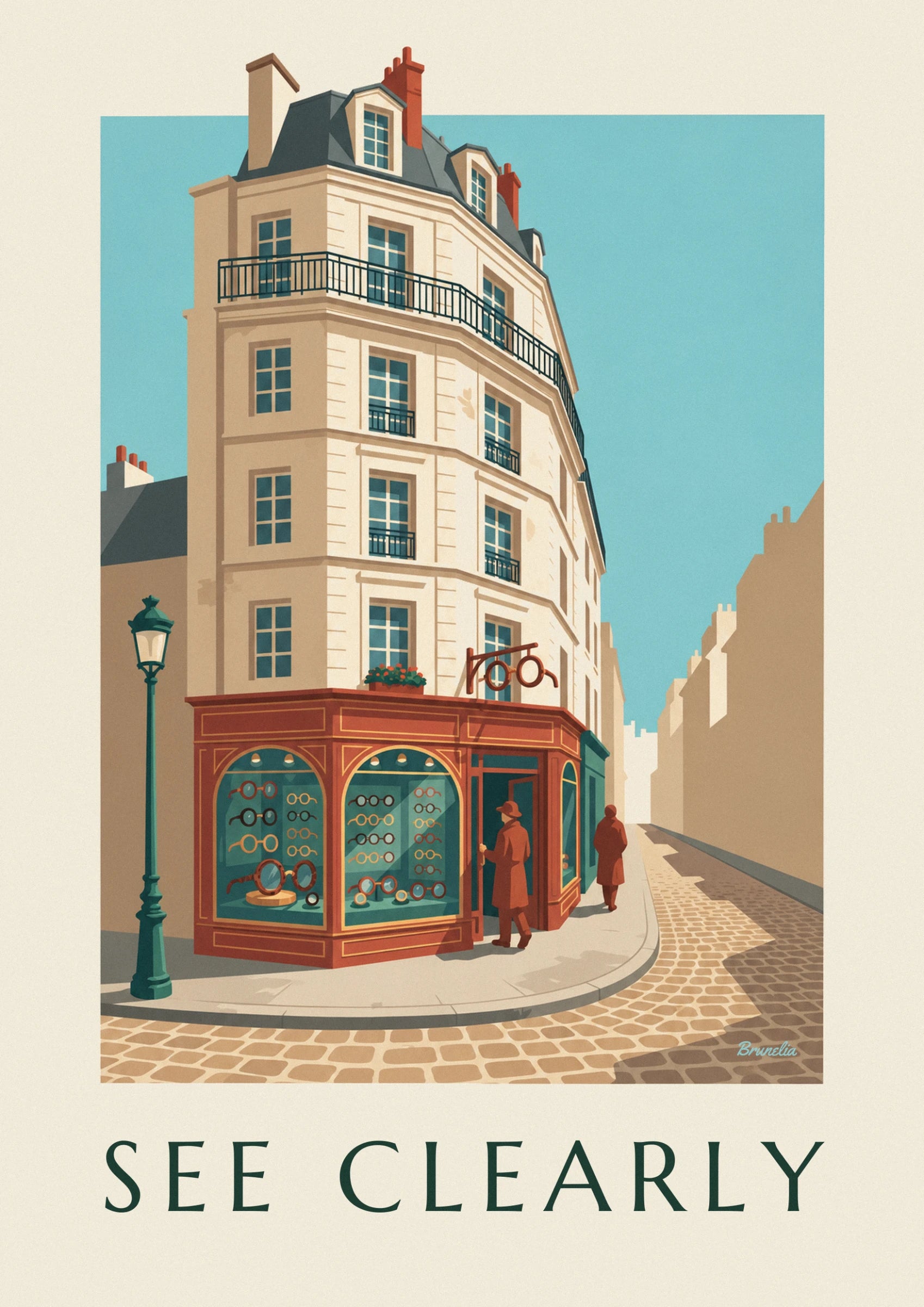 Vitrine d'angle rouge brique et ses lunettes rondes alignées sur fond vert, au pied du lampadaire