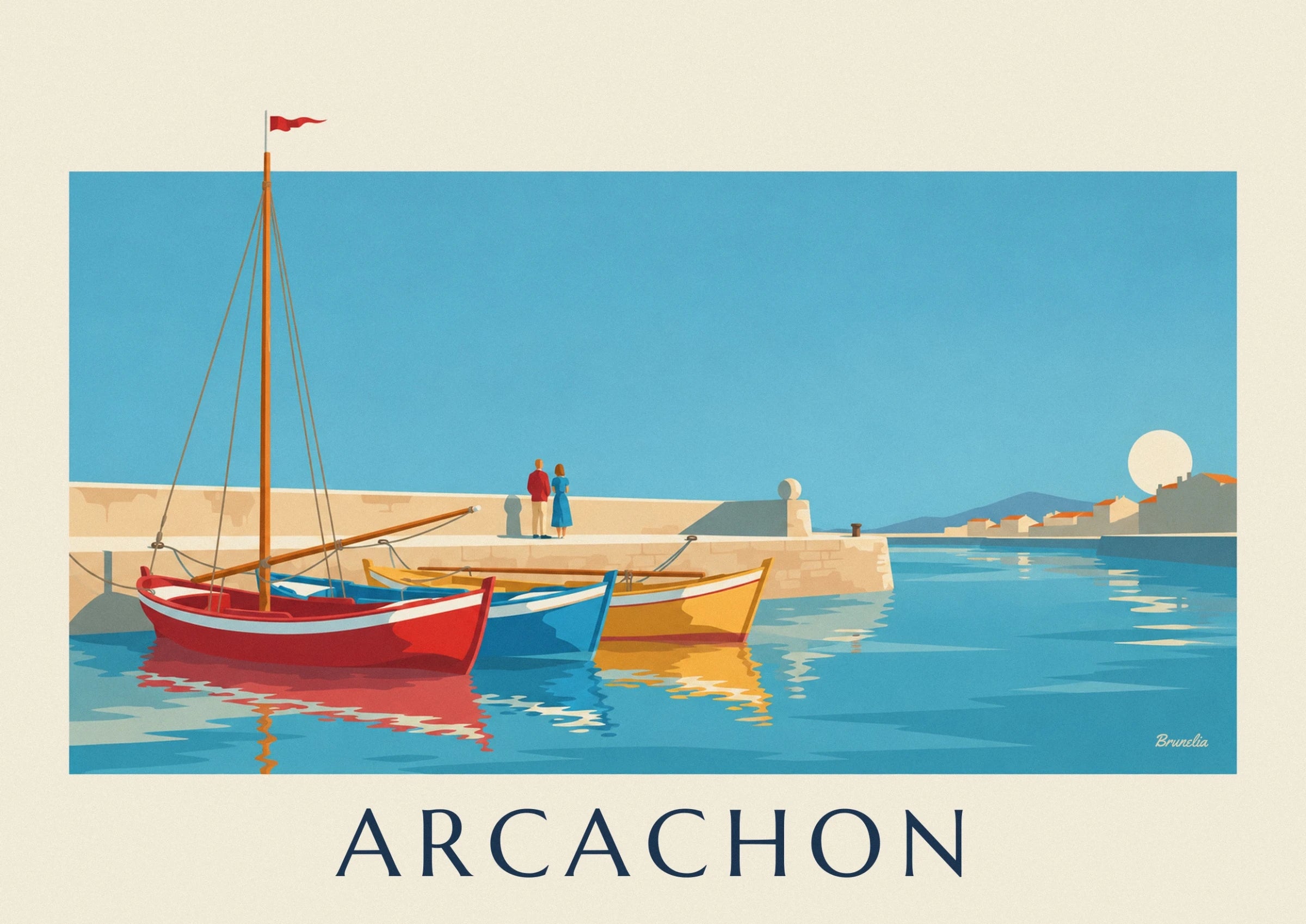 The red and blue pinasse boats, their masts and reflections in the harbour of Arcachon