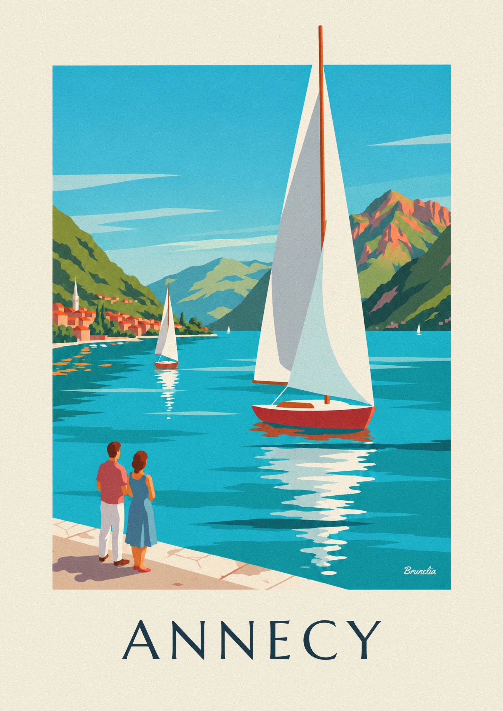 Un voilier à coque rouge et voiles blanches sur l'eau turquoise du lac d'Annecy