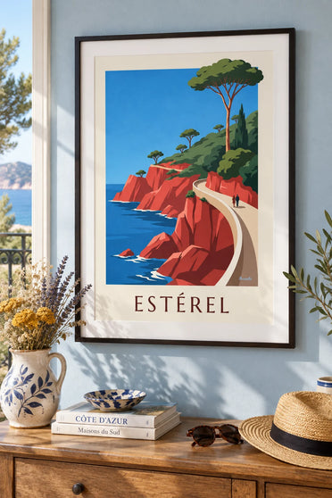 Esterel coastal road and its red rocks poster: framed on the wall