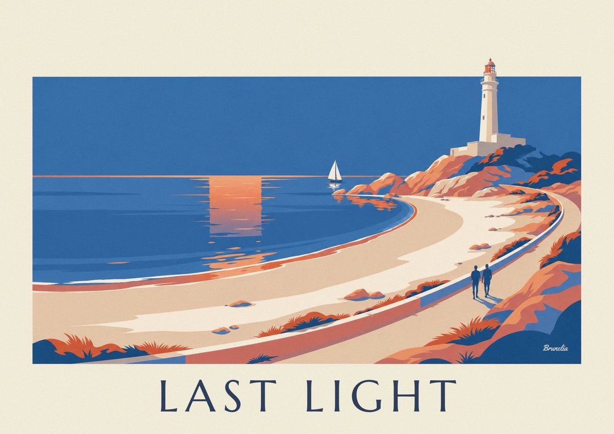 Beach sunset and white lighthouse poster