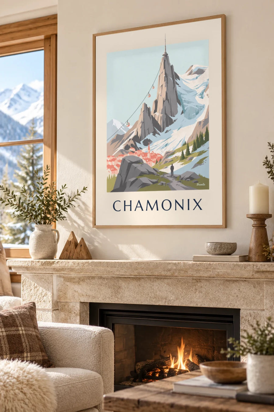 Plakát Aiguille du Midi a lanovky nad Chamonix: plakát v rámu na zdi
