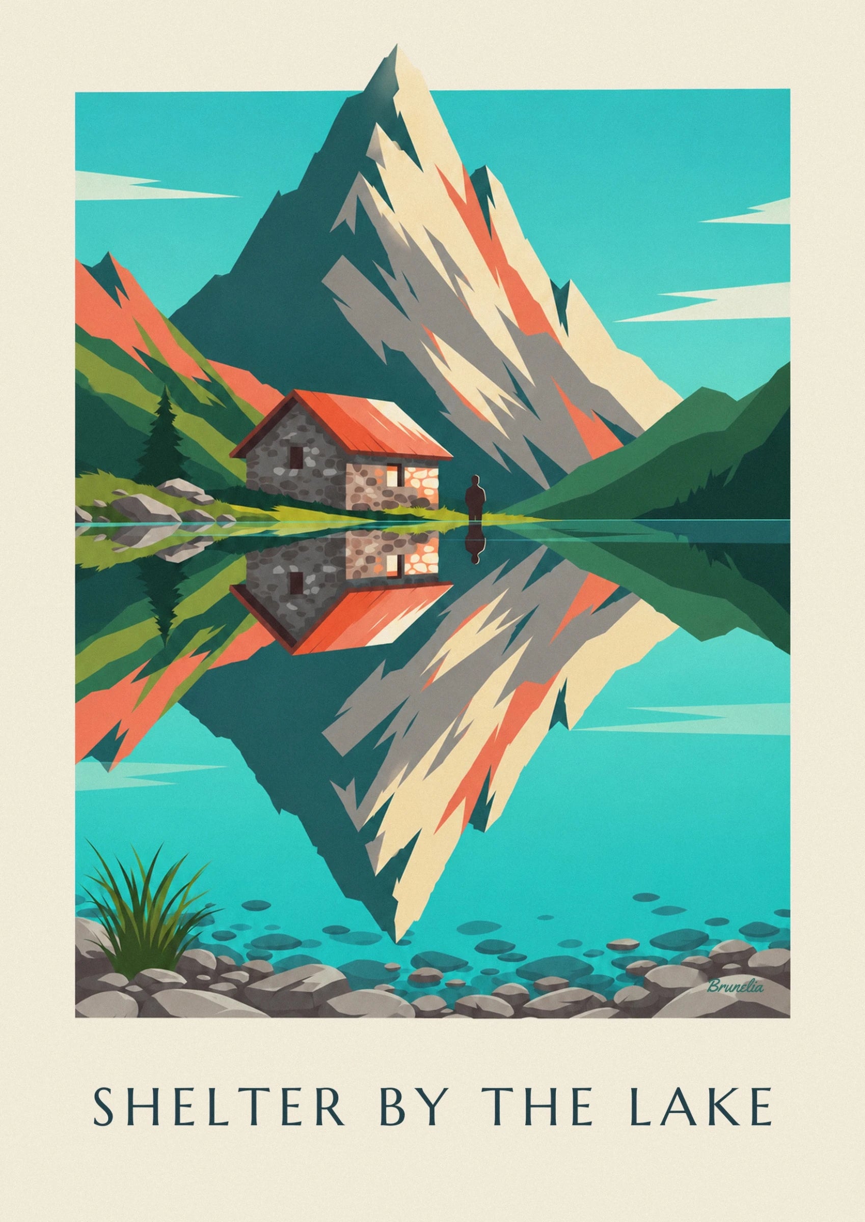 The stone mountain hut with an orange-red roof and its reflection in the alpine lake