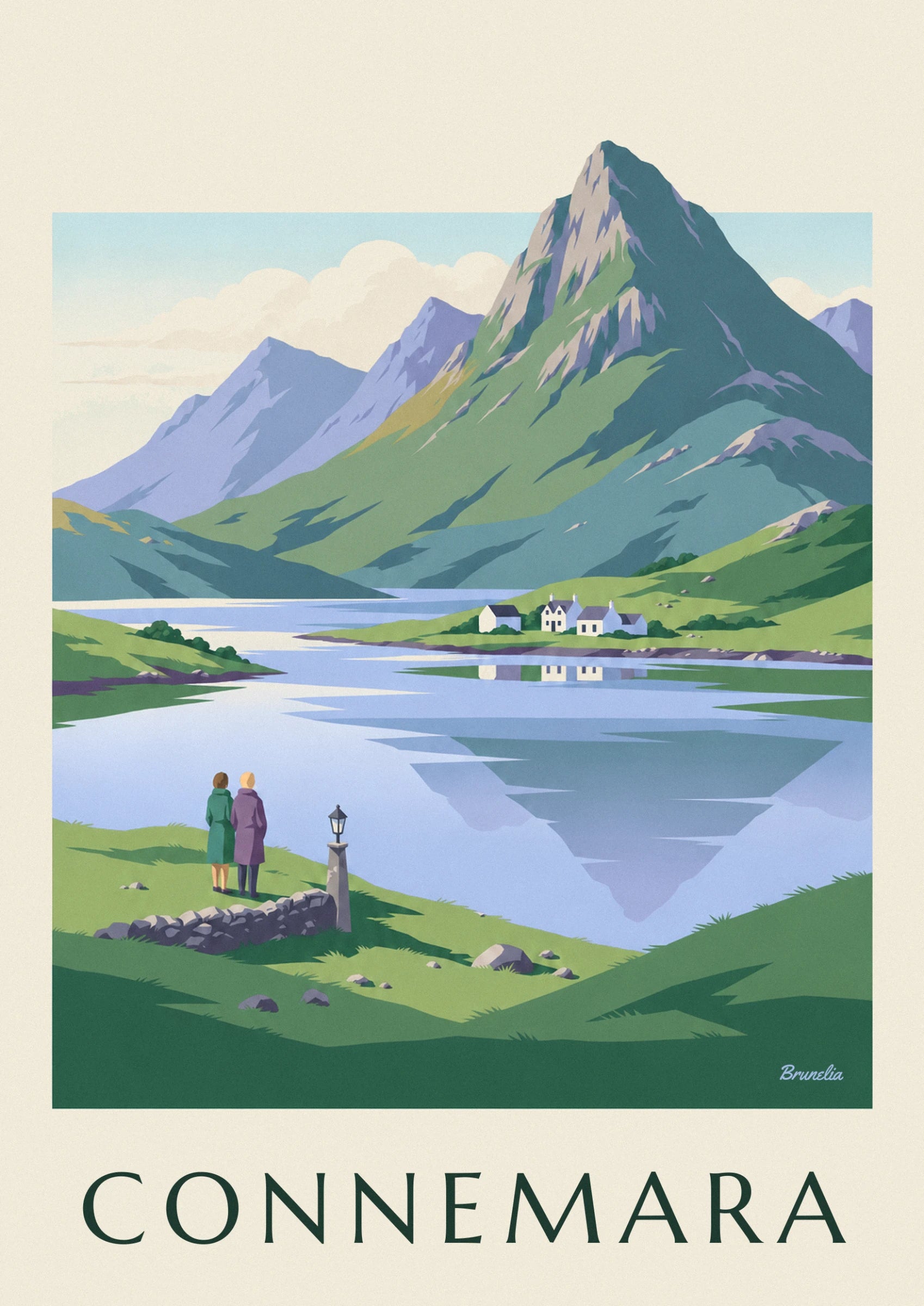 A green, rocky mountainside and white houses beside the lake