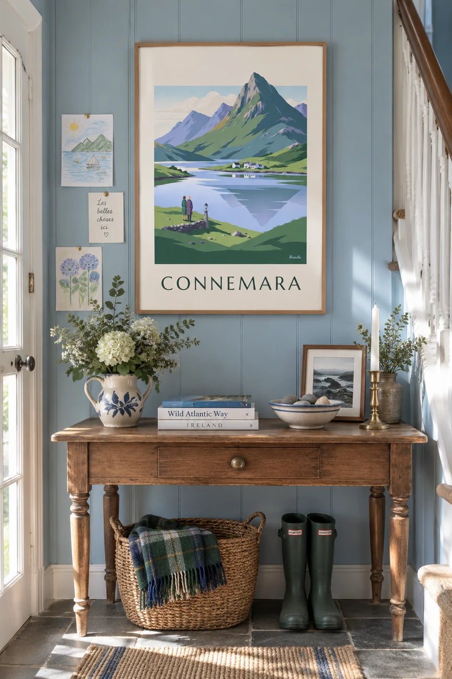 Poster of a lake and cottages in Connemara, Ireland: framed on the wall