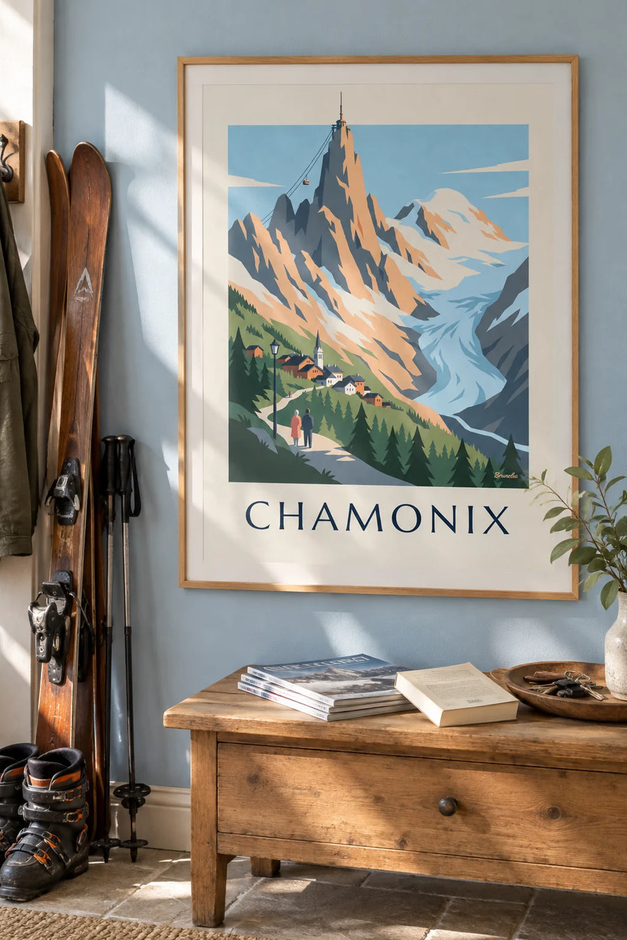 Plakát masiv Mont Blanc při pohledu z Chamonix: v rámu na zdi