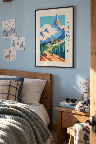 Poster of the Mont Blanc massif seen from Chamonix: framed on a wall