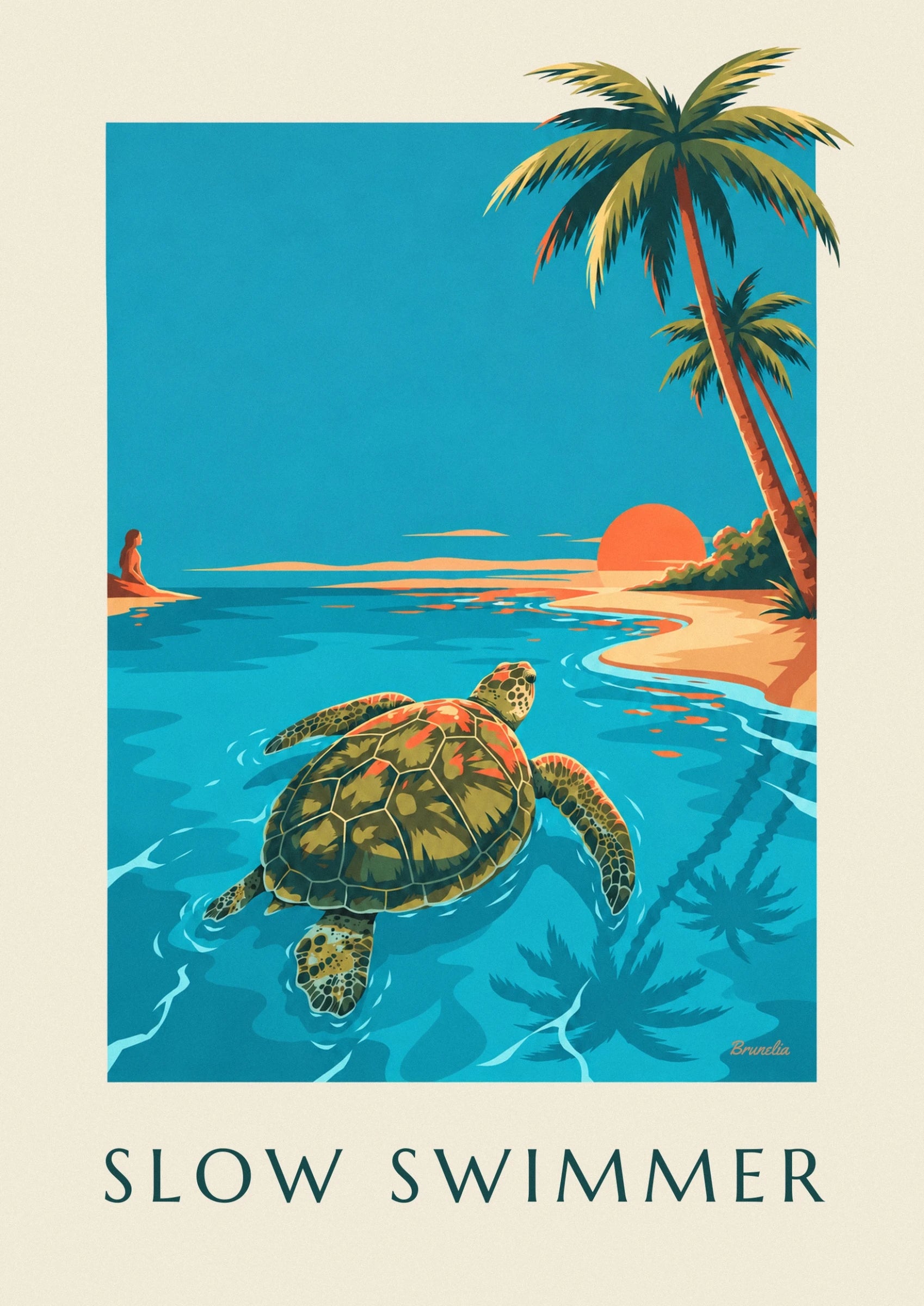 The sea turtle with a green and orange shell in the turquoise water