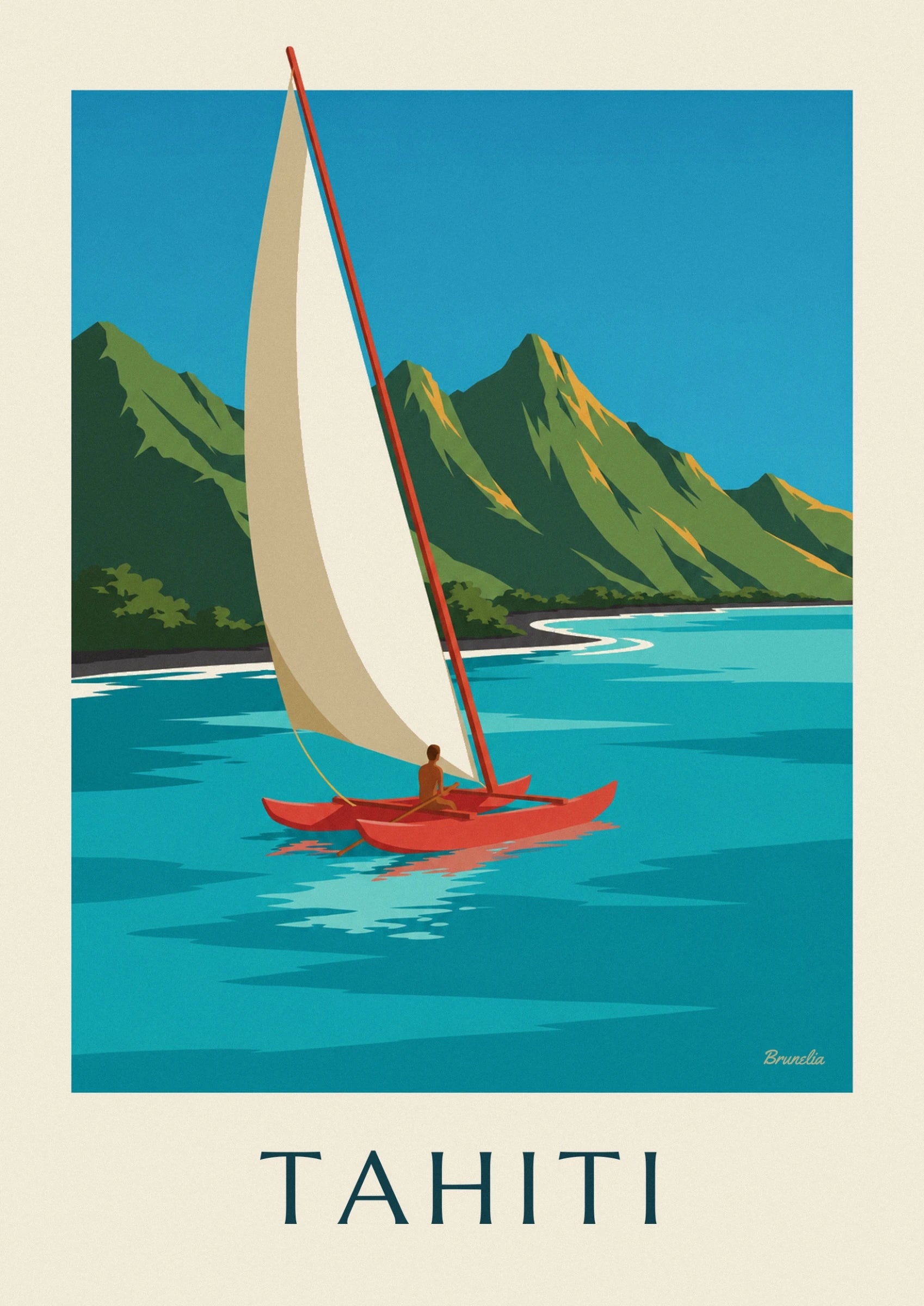 The large cream sail and its red mast against the green mountains of Tahiti