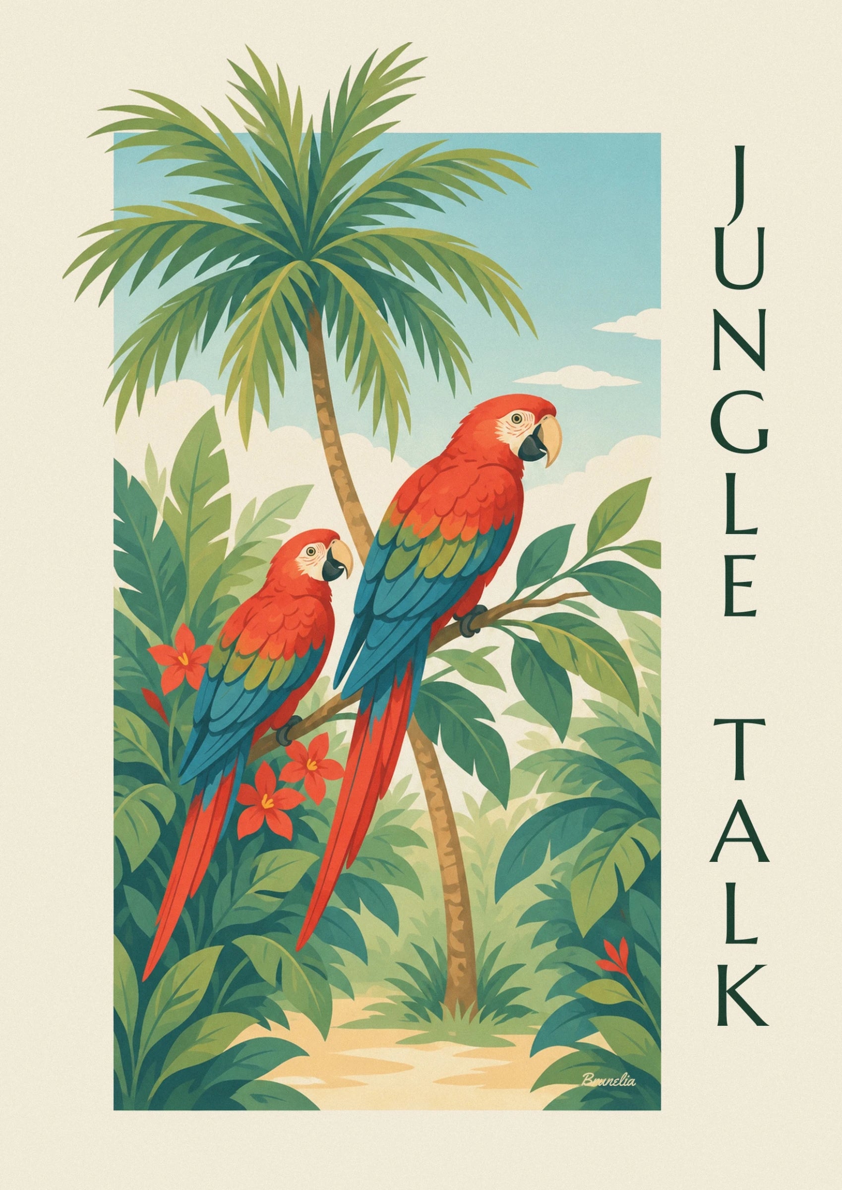 A red parrot with blue and green wings, perched on a branch