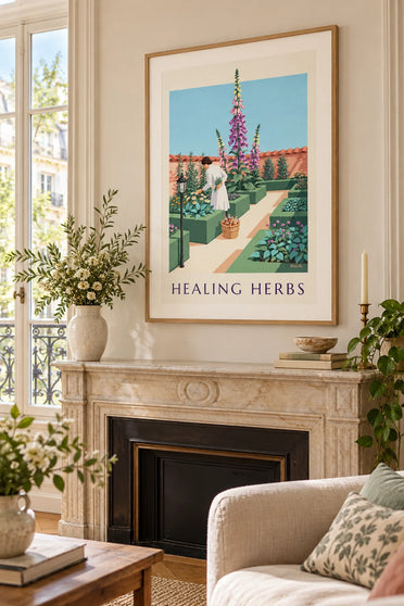 Affiche pharmacienne cueillant des simples au jardin de digitales : encadrée au mur