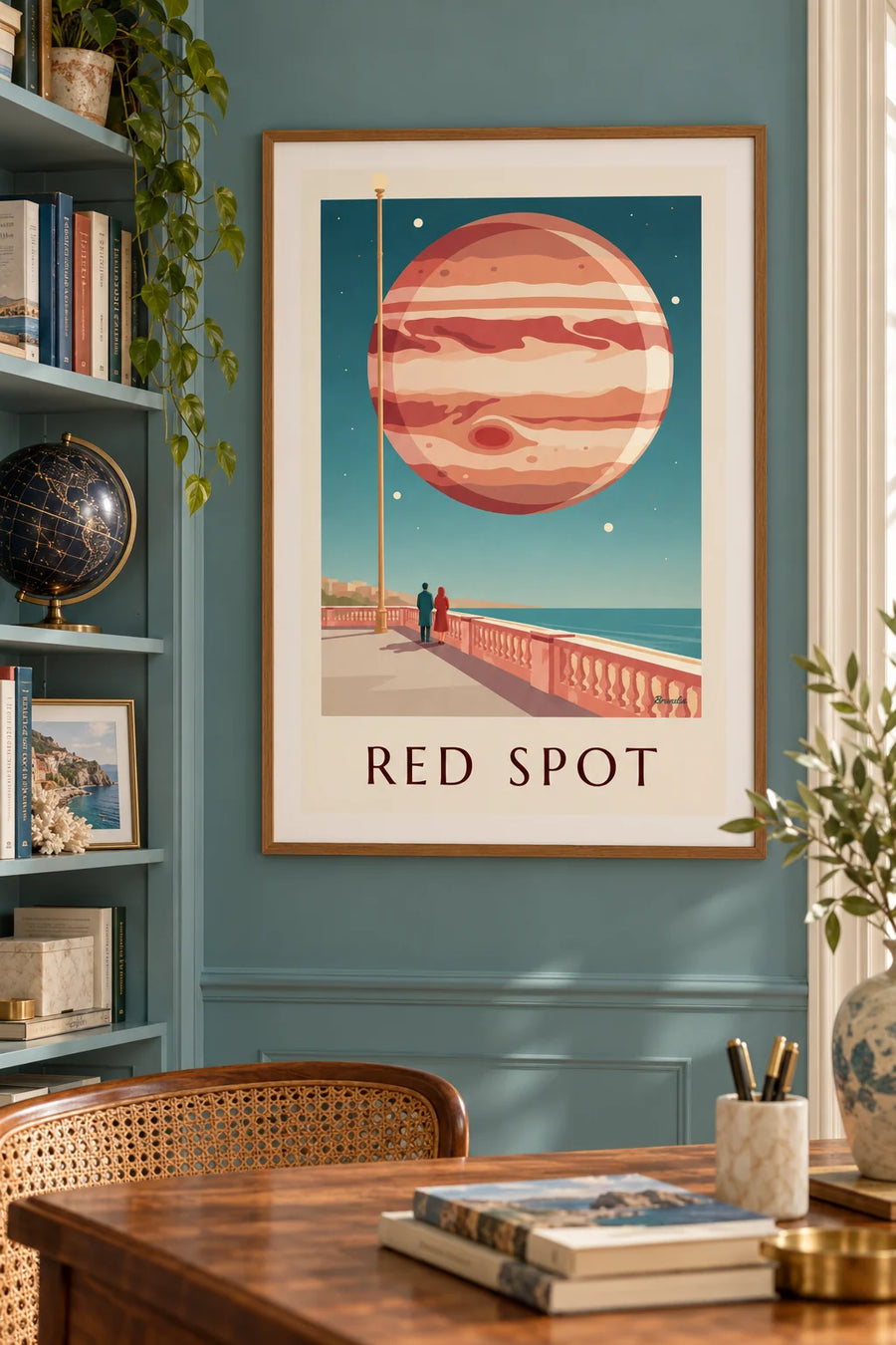 Plakát s planetou Jupiter a její velkou rudou skvrnou na obloze: v rámu na zdi