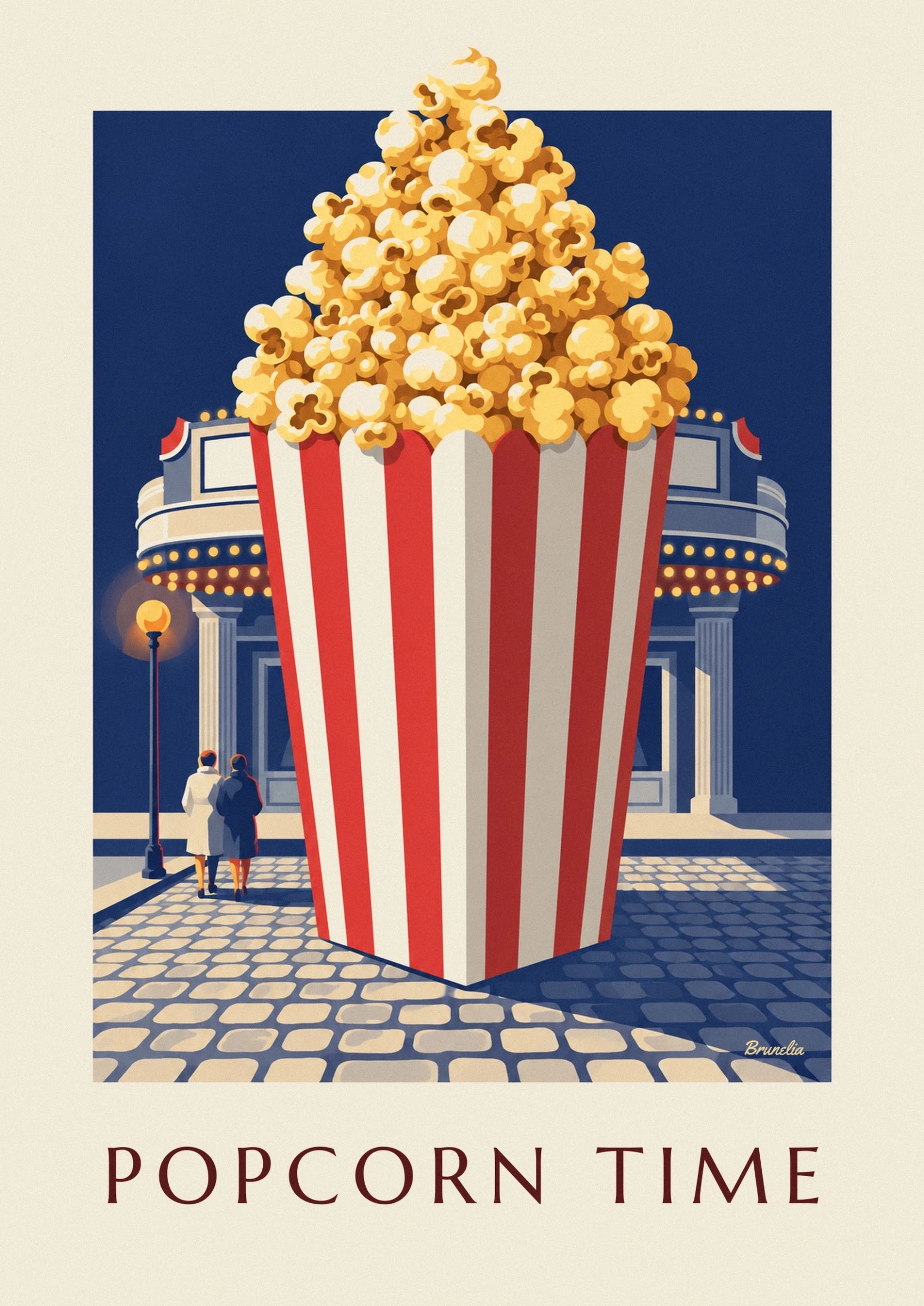 Le pop-corn doré débordant du seau à rayures rouges et blanches