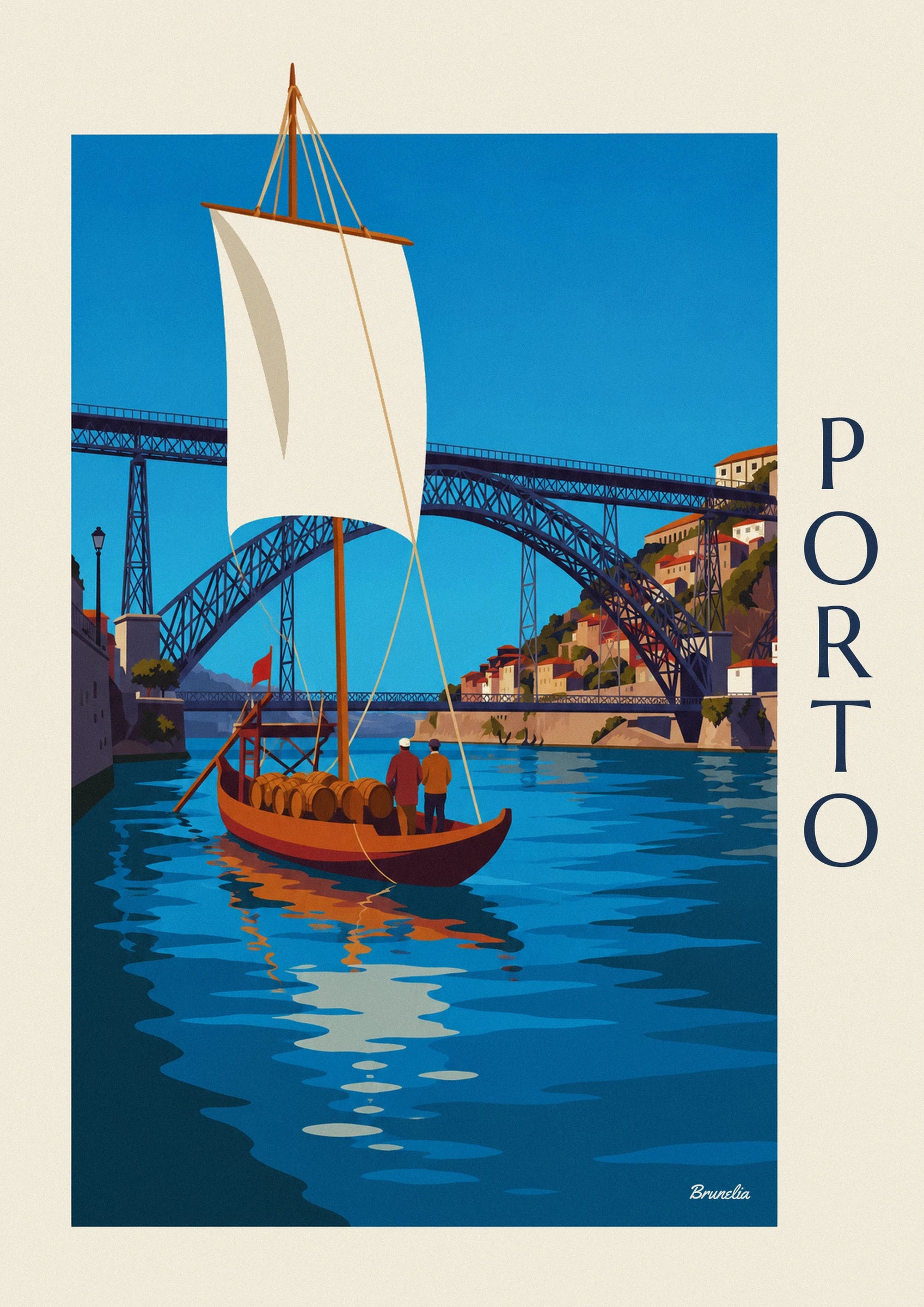 Plakát most Dom Luís a loď rabelo na řece Douro v Portu: detailní záběr