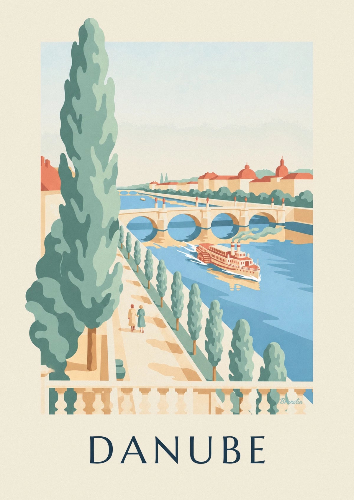 Affiche promenade au bord du Danube et bateau à aubes